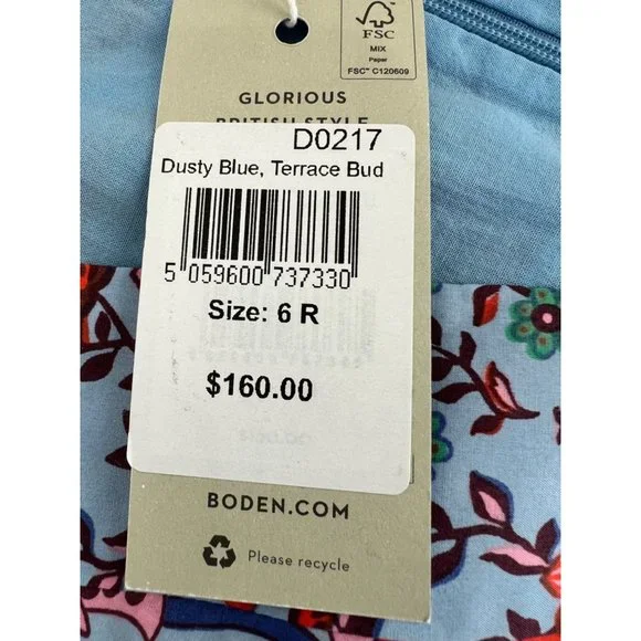 New Boden Size 6R V-Neck Contrast Detail Dress Dusty Blue, Terrace Bud Summer - Picture 13 of 15